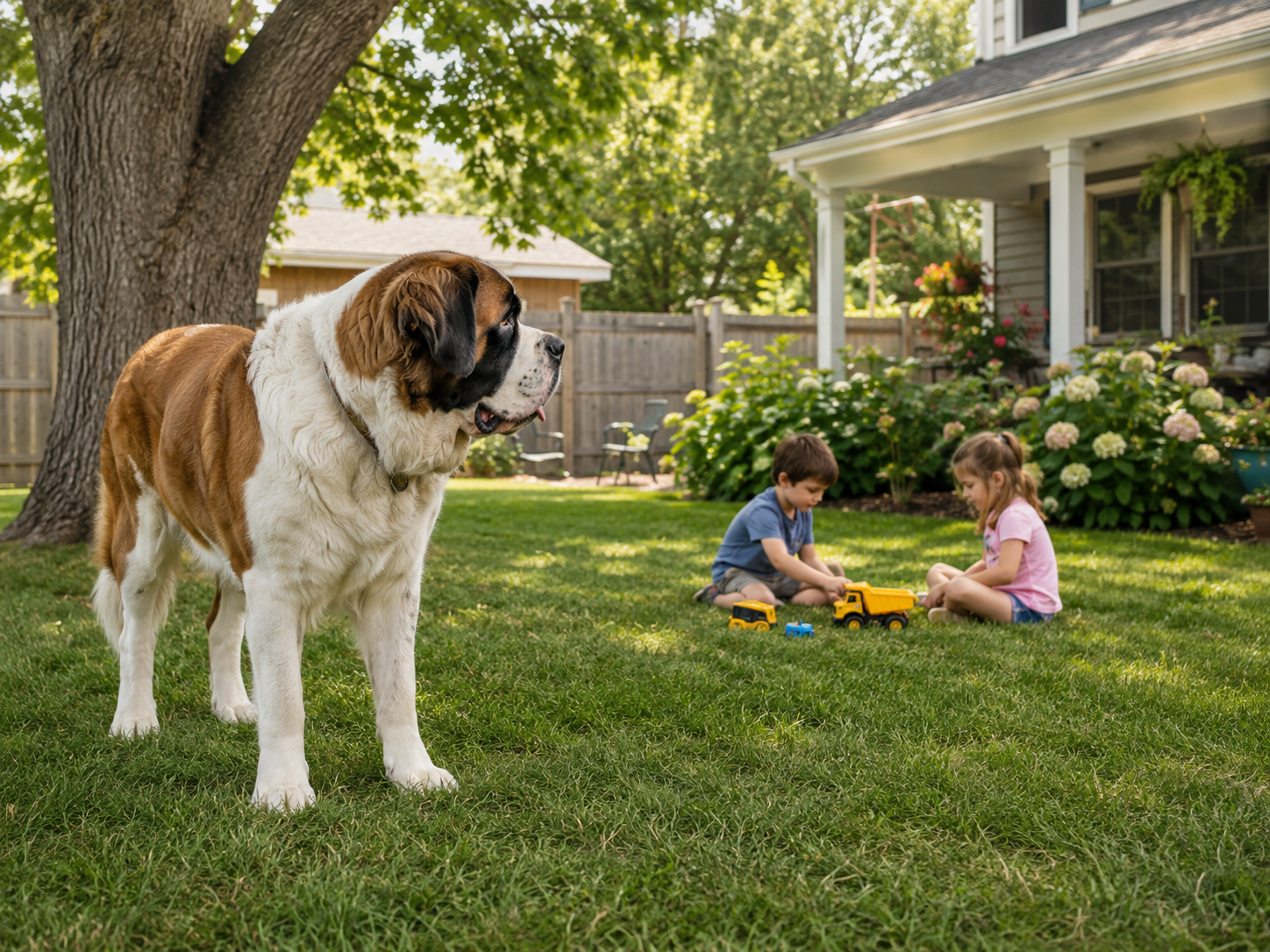 Saint Bernard calmly watching children play in the backyard as a gentle family guardian.