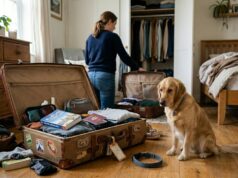 Things Dogs Take Personally That Were Not About Them funny dog behavior shown by a worried dog sitting beside a packed suitcase