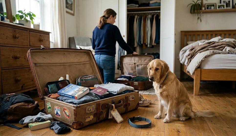 funny dog behavior shown by a worried dog sitting beside a packed suitcase