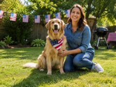 Memorial Day Guests, Food, and Noise: Is Your Dog Ready? Memorial Dat picnic with a woman kneeling beside her dog with people in the background