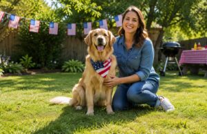 Memorial Day Guests, Food, and Noise: Is Your Dog Ready? Memorial Dat picnic with a woman kneeling beside her dog with people in the background