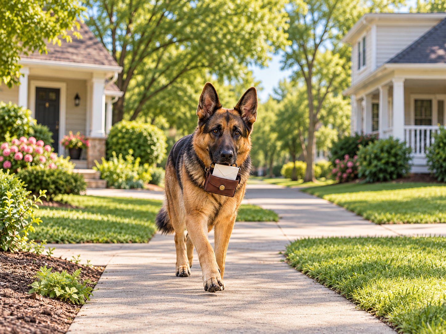 German Shepherd carrying a note in a small pouch while walking along a quiet suburban sidewalk between nearby homes
