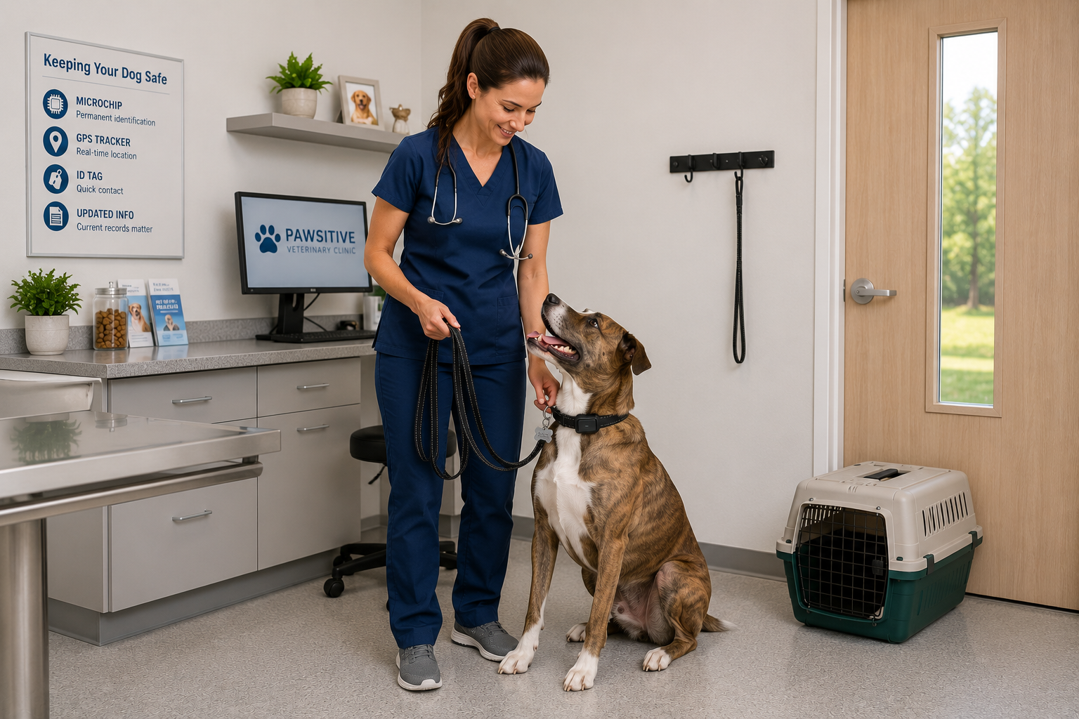 Veterinary staff member scanning a dog’s microchip during a safety check in a clinic.