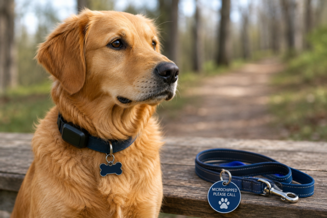 Dog wearing a GPS collar and ID tag beside a leash, showing layered protection for lost-dog safety.
