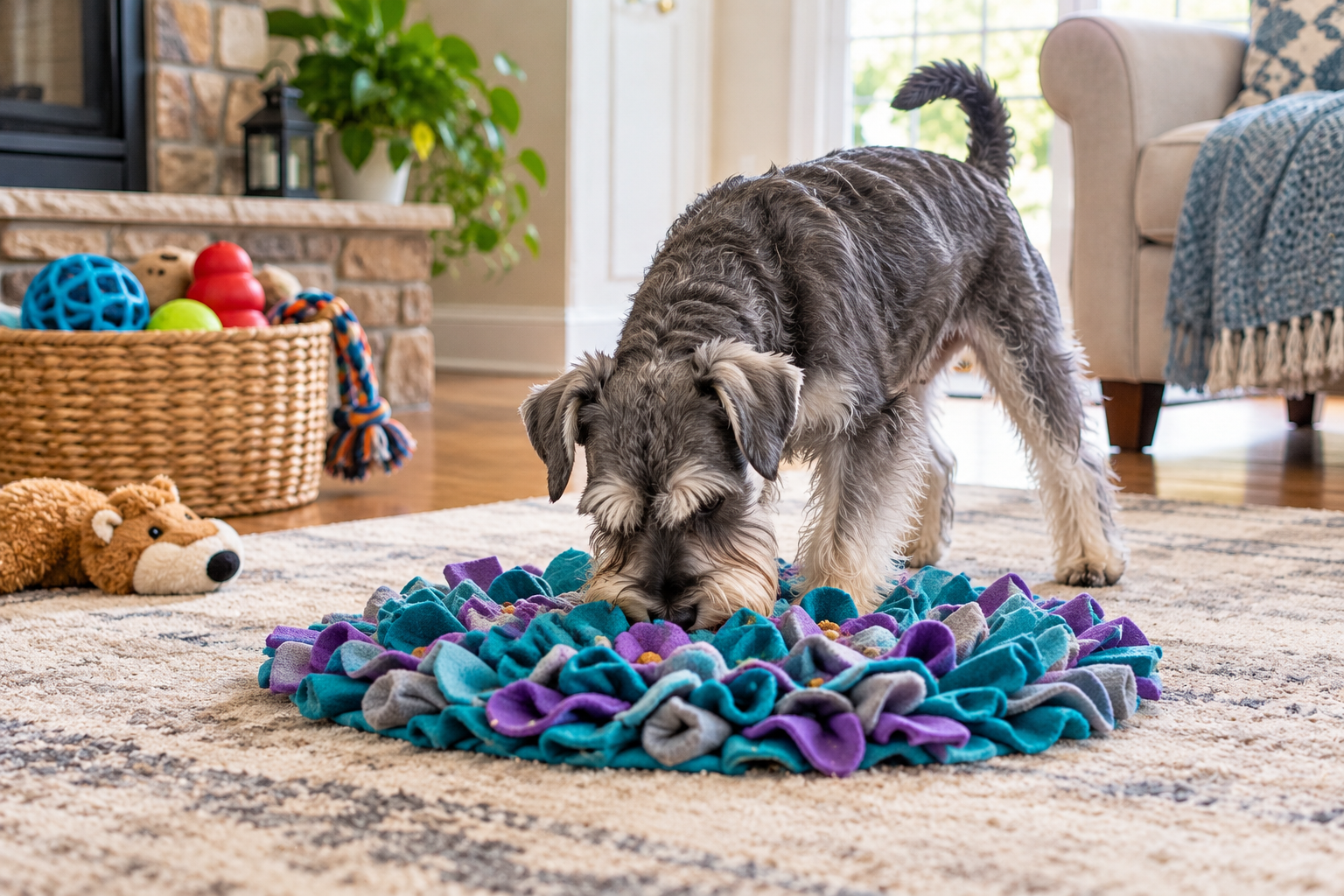 Salt-and-pepper Schnauzer using a snuffle mat to search for hidden treats in a living room
