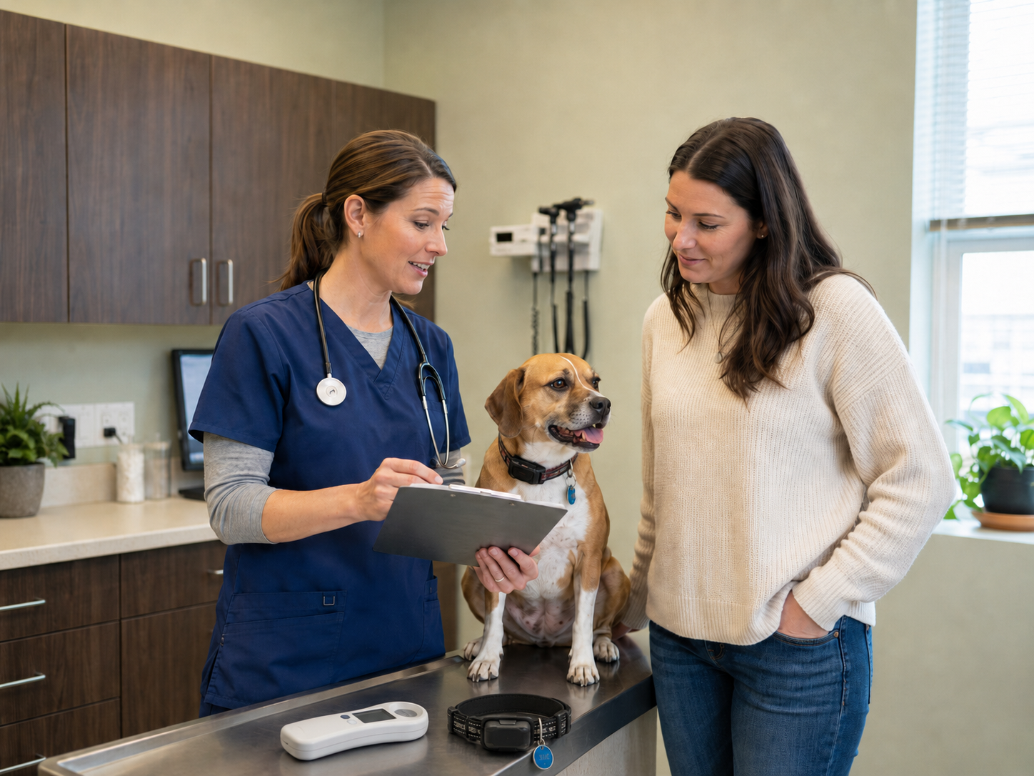 Veterinary staff member reviewing dog safety records with an owner while a microchip scanner and GPS collar sit on the exam table.