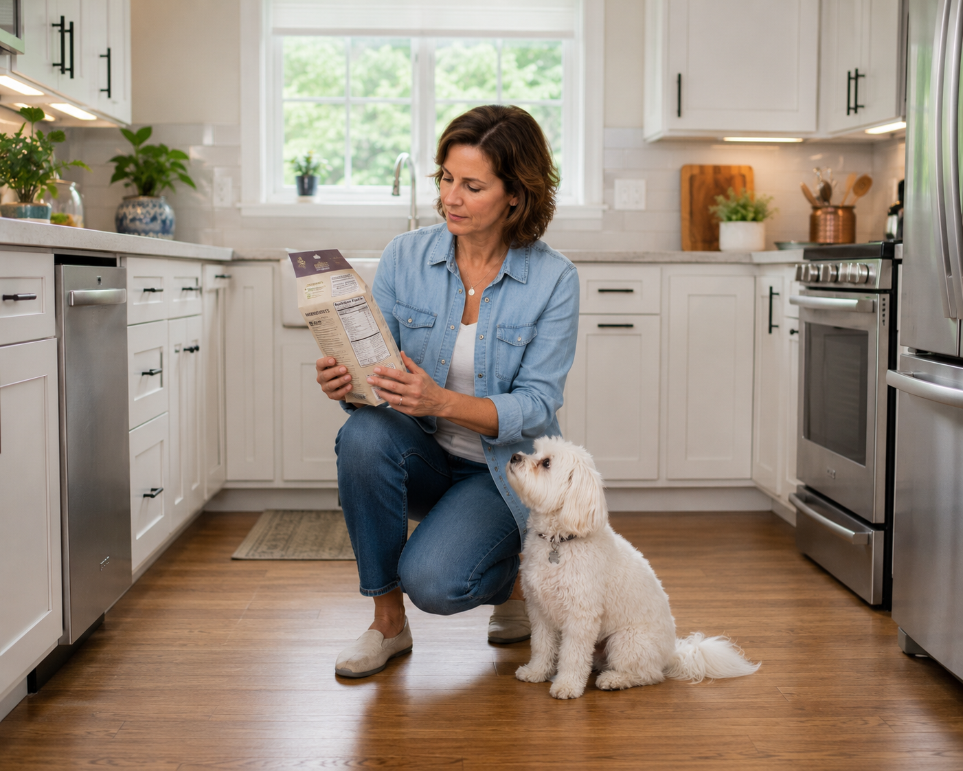 Dog owner kneeling in a bright kitchen while carefully reading a food package ingredient label as a small white dog sits beside her.