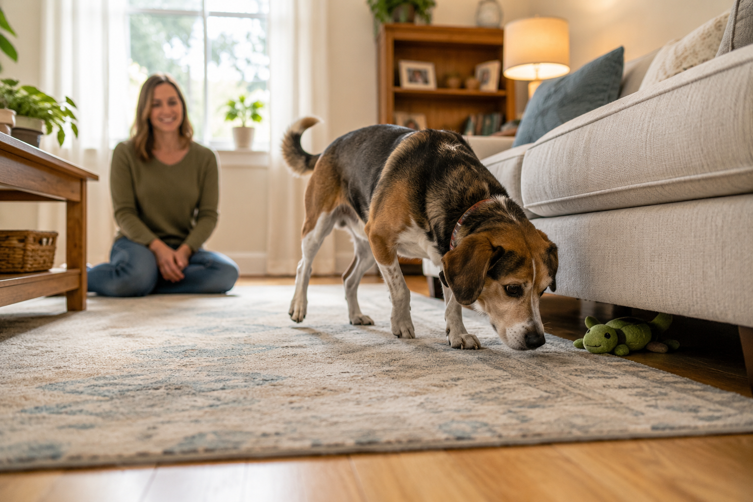 A beagle mix uses its nose to search for a hidden toy in a living room while its owner quietly watches, demonstrating a beginner scent game that provides mental stimulation and encourages natural problem-solving skills.