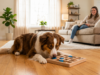 Brain Games for Dogs: 10 Fun Ways to Keep Your Dog Mentally Sharp A brown-and-white dog concentrates on solving a wooden puzzle toy while its owner relaxes nearby in a bright living room, demonstrating a fun brain game that provides mental enrichment for dogs.