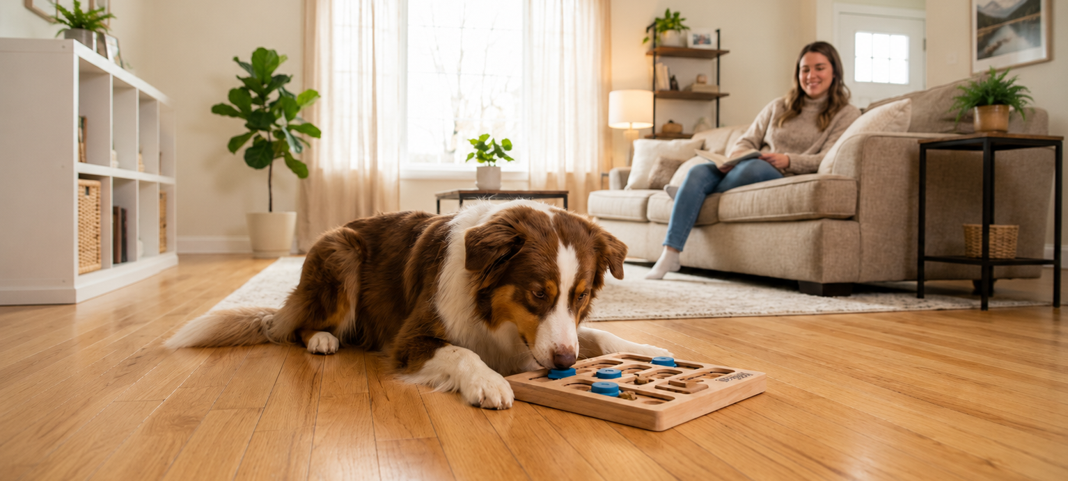 A brown-and-white dog concentrates on solving a wooden puzzle toy while its owner relaxes nearby in a bright living room, demonstrating a fun brain game that provides mental enrichment for dogs.