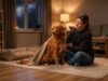 Common Fears and Phobias of Dogs Common fears and phobias of dogs shown by a nervous dog being comforted during a storm