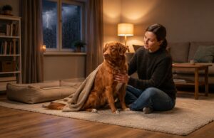 Common Fears and Phobias of Dogs Common fears and phobias of dogs shown by a nervous dog being comforted during a storm
