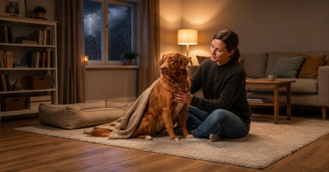 Common fears and phobias of dogs shown by a nervous dog being comforted during a storm