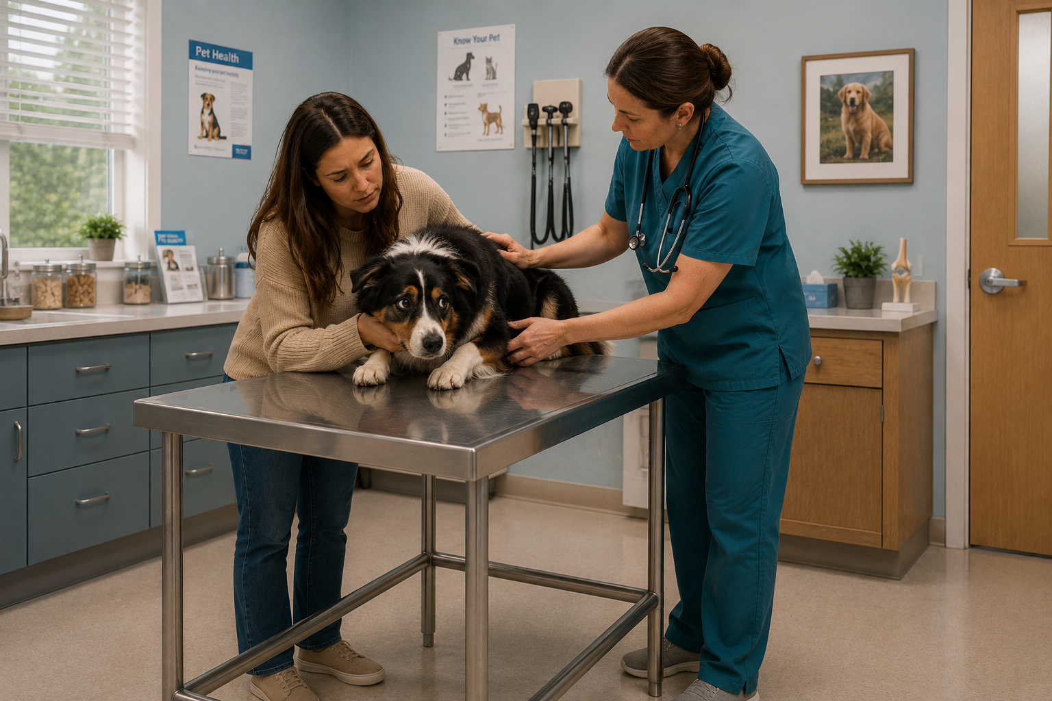 Fearful dog being gently comforted during a veterinary exam