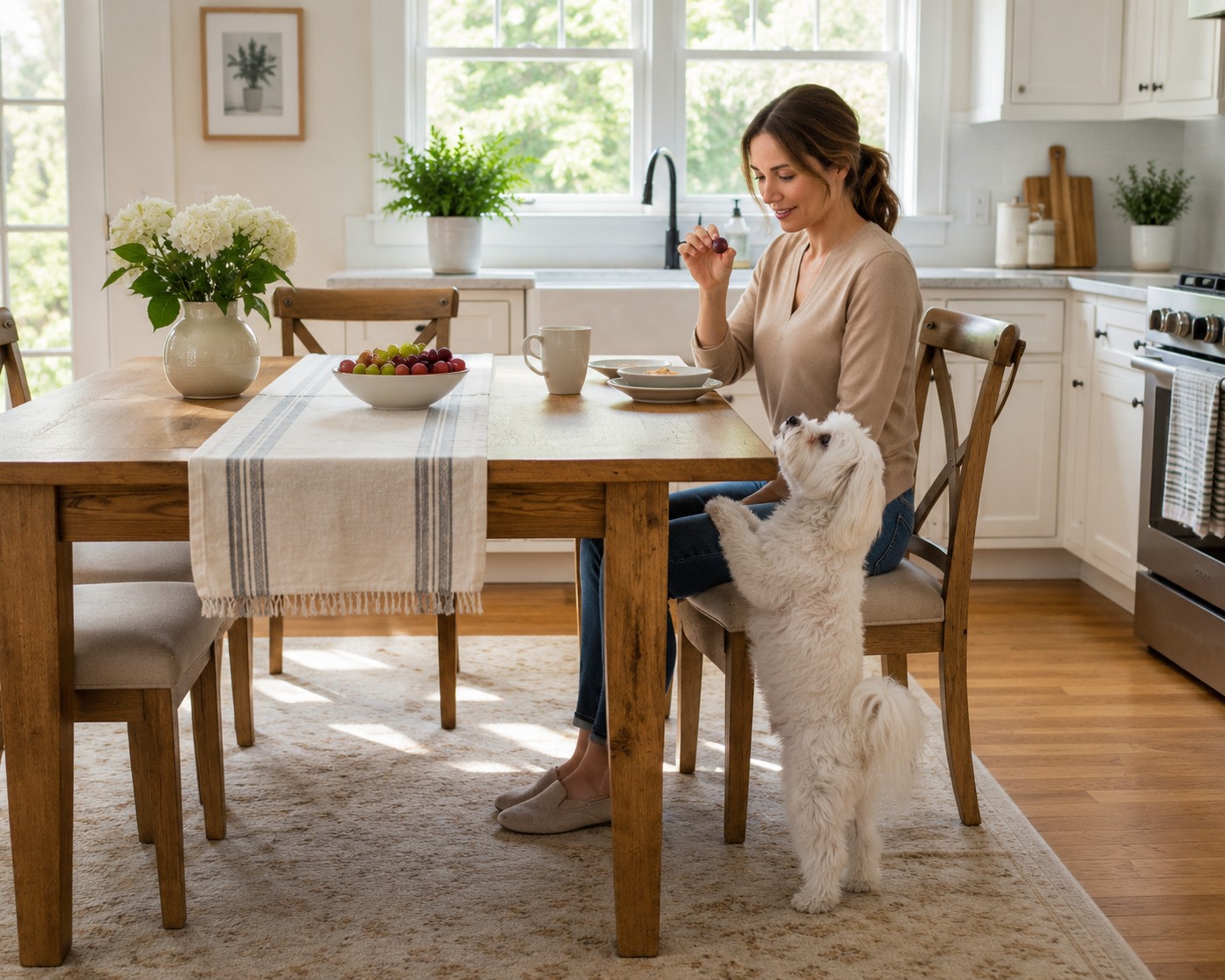 Small white Maltese-type dog standing beside a dining table and looking hopefully at a grape held by its owner in a bright family kitchen.