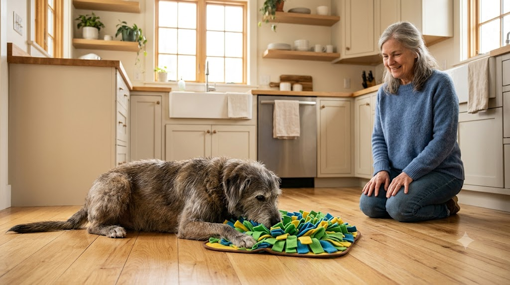 An older mixed-breed dog searches a colorful snuffle mat for hidden treats while its owner watches nearby in a bright kitchen, demonstrating a gentle brain game that provides mental enrichment for senior dogs.