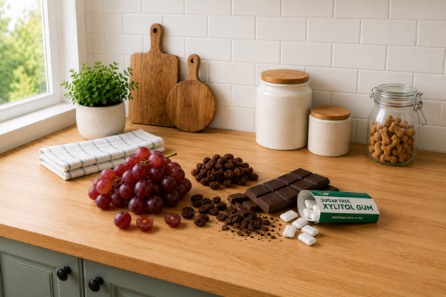Toxic foods for dogs set our on a kitchen counter