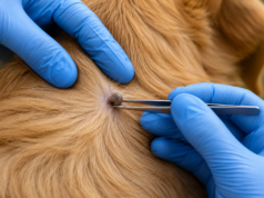 What Does an Attached Tick Look Like? Real Photos and Safe Removal Steps Gloved hands using fine-tipped tweezers to remove an engorged tick from a dog’s skin