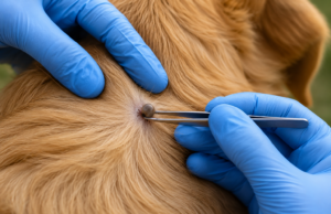 What Does an Attached Tick Look Like? Real Photos and Safe Removal Steps Gloved hands using fine-tipped tweezers to remove an engorged tick from a dog’s skin