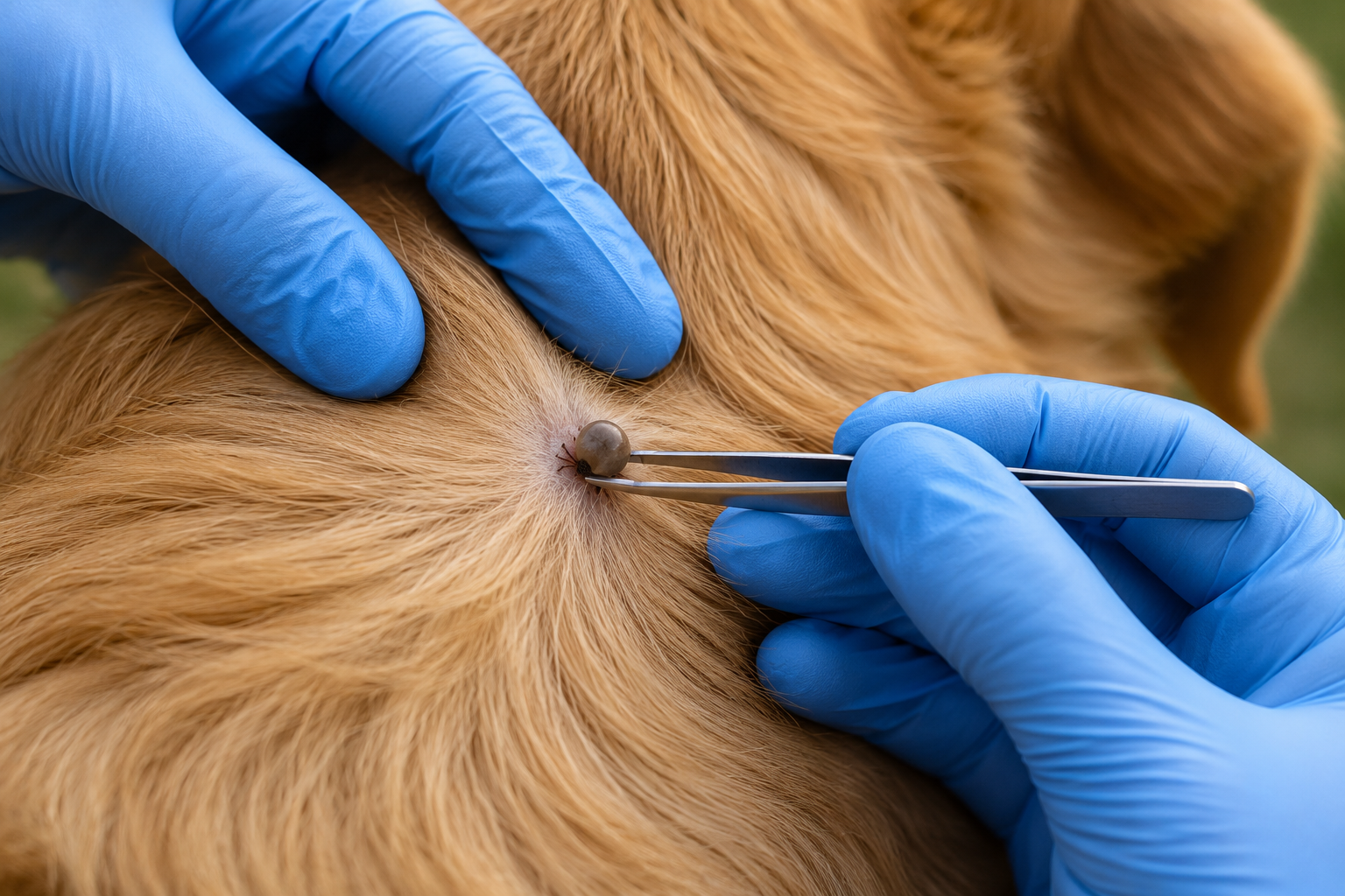 Gloved hands using fine-tipped tweezers to remove an engorged tick from a dog’s skin