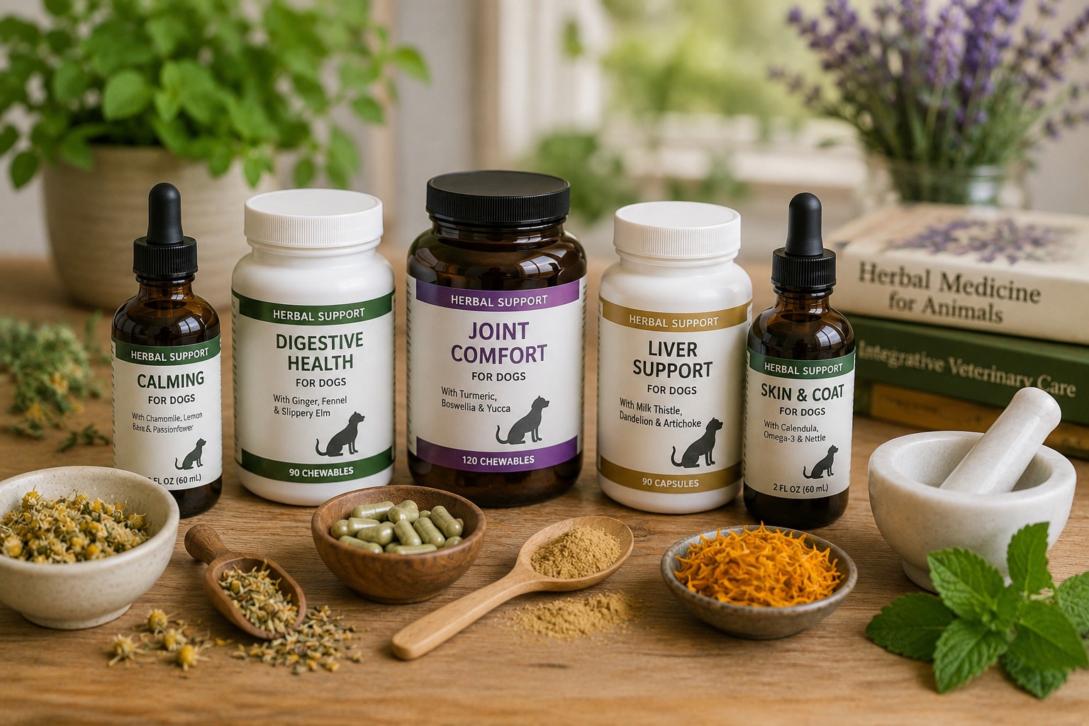 Herbal supplements for dogs displayed with capsules, tinctures, powders, and dried botanical ingredients
