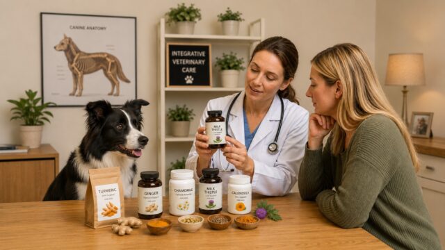 Veterinarian discussing herbal supplements for dogs with a Border Collie and the dog’s owner