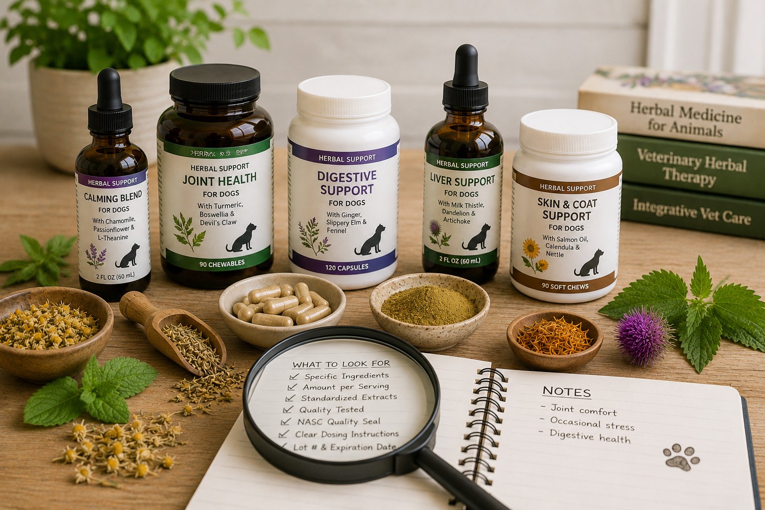 Dog herbal supplements displayed with a magnifying glass and checklist for comparing ingredients, dosing, testing, and quality