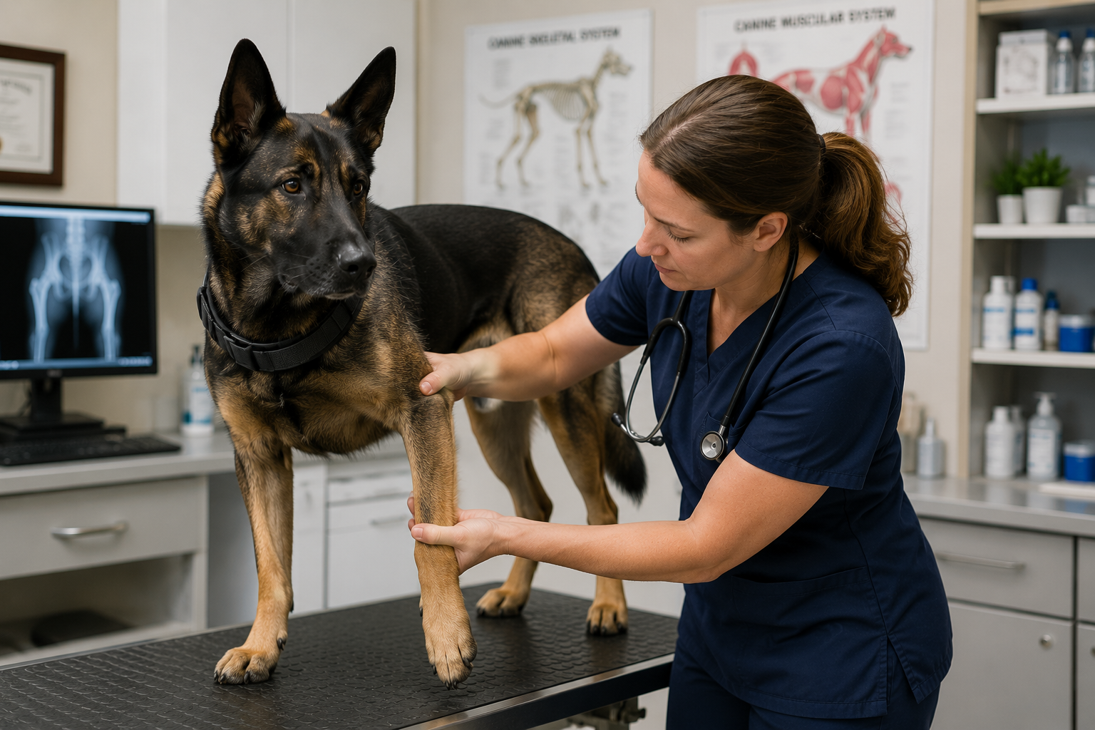 Veterinarian examining the front leg of a working dog for signs of joint pain
