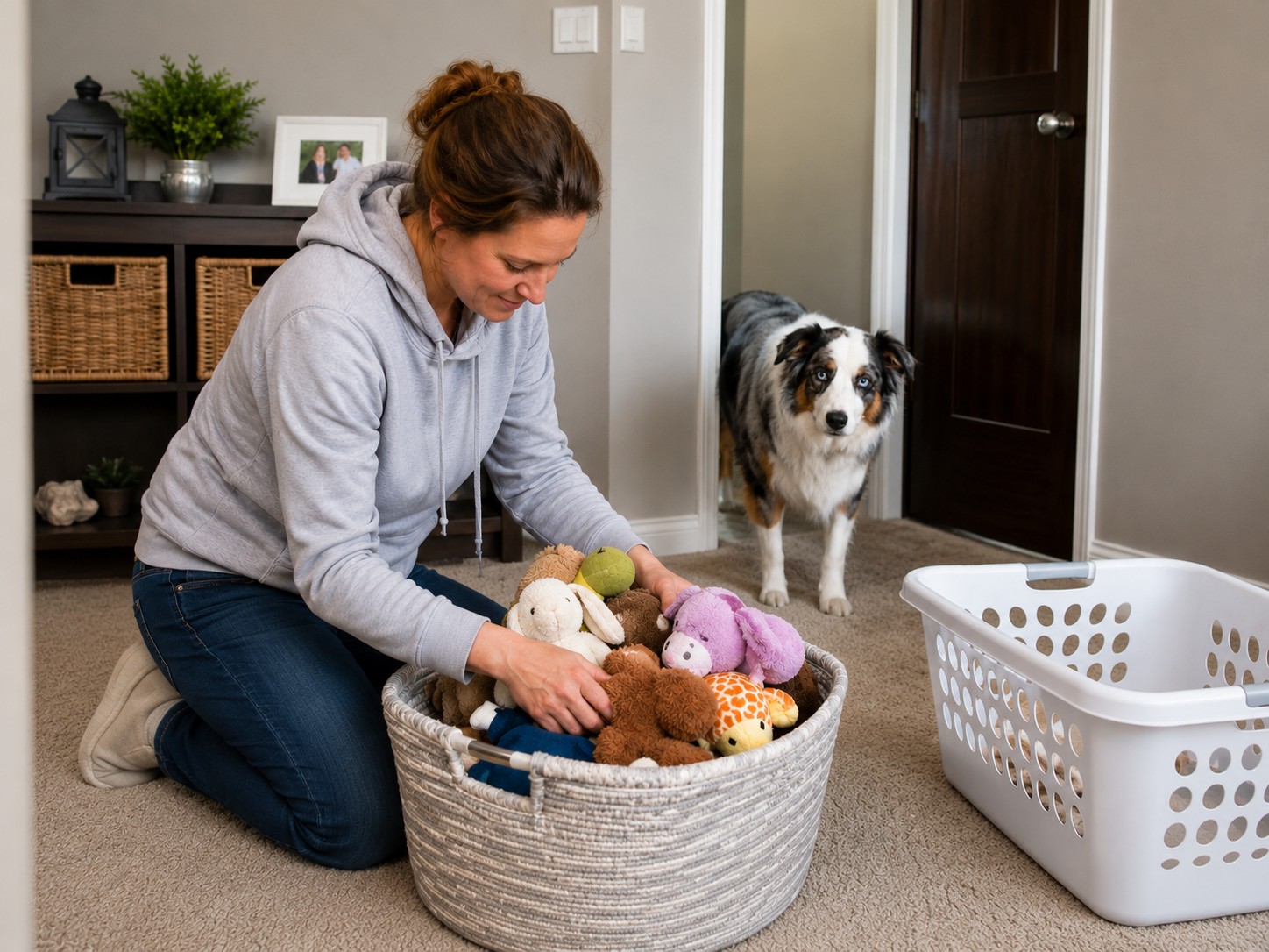Woman gathering dog toys into a basket while her dog watches from the doorway
