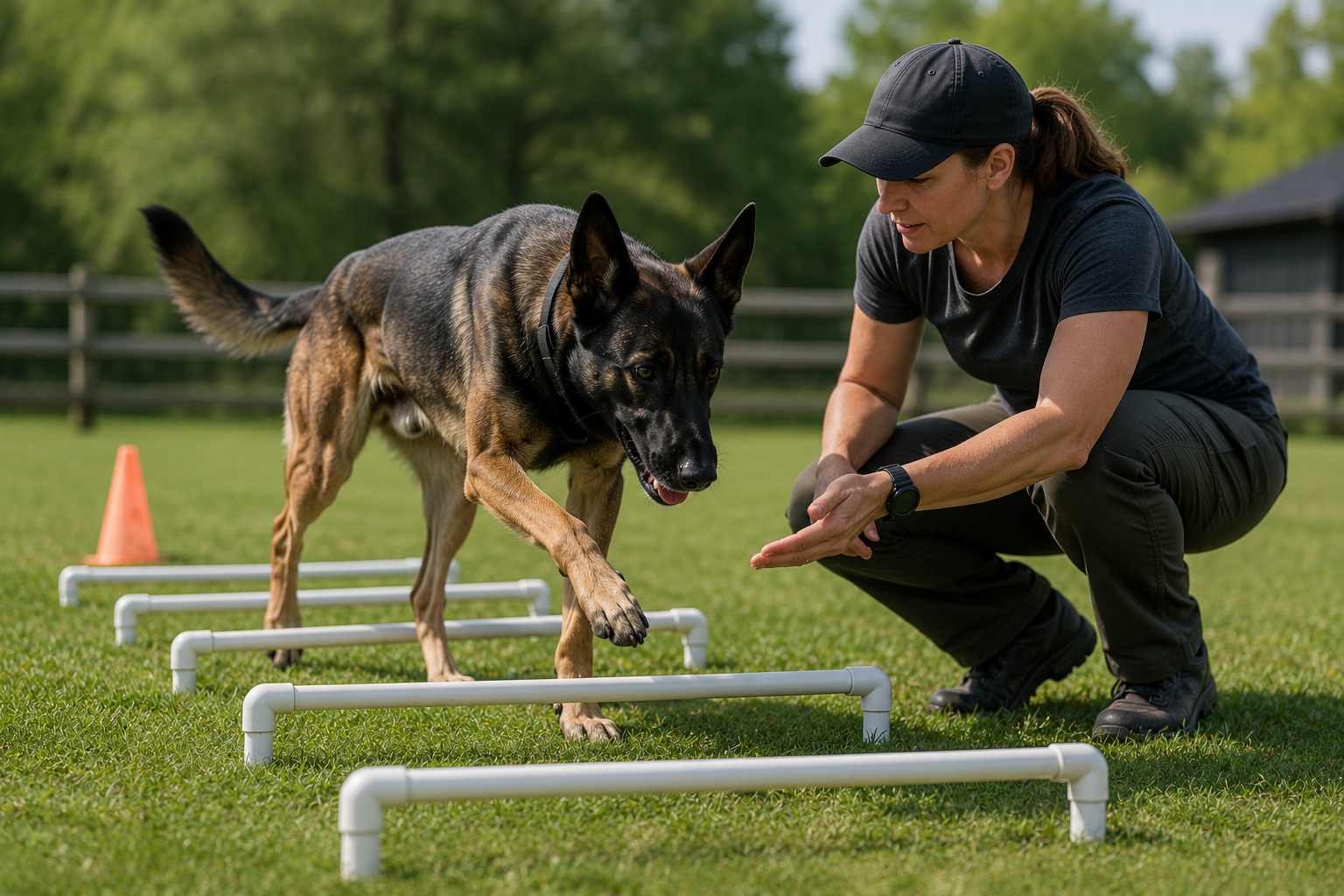 Working dog stepping over low cavaletti poles during supervised joint conditioning