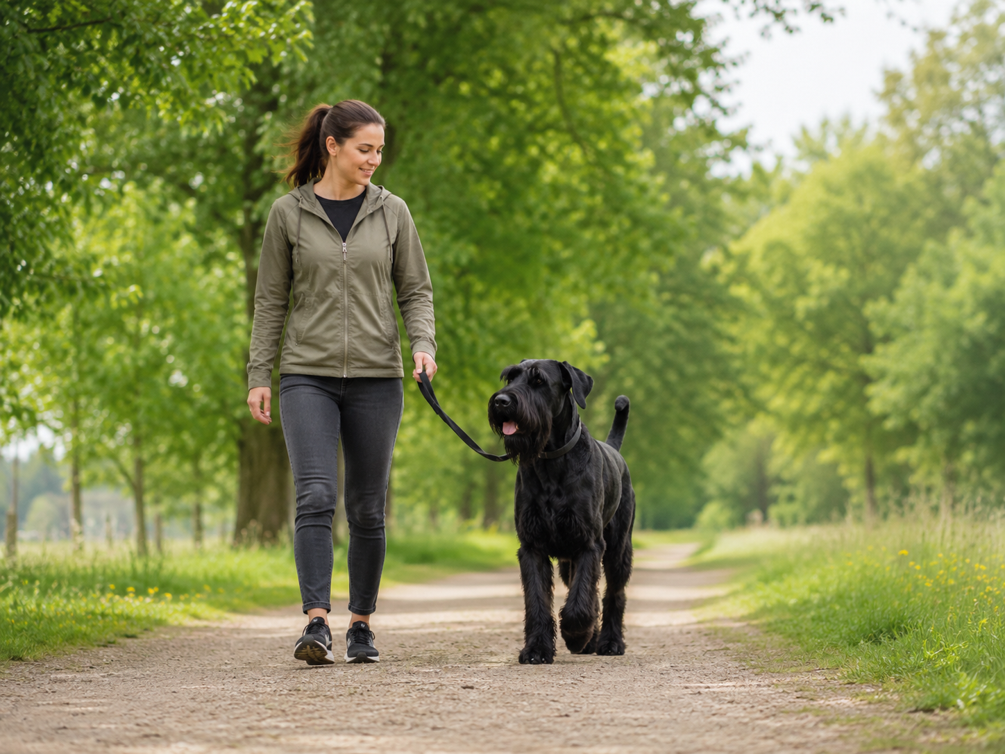 Woman walking a black Giant Schnauzer on a wooded path to support healthy joint movement
