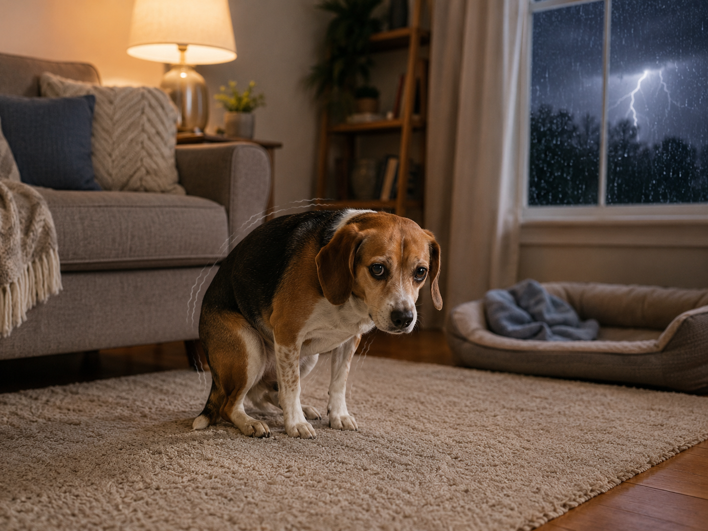Beagle trembling indoors during a thunderstorm with lightning outside