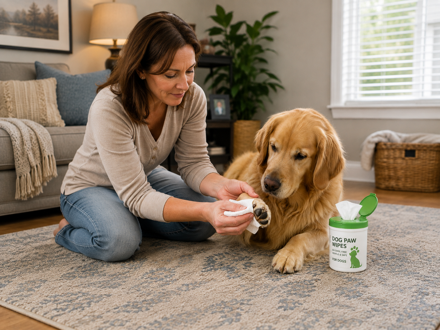 Woman cleaning a dog's paw with a dog-safe paw wipe on a living room rug