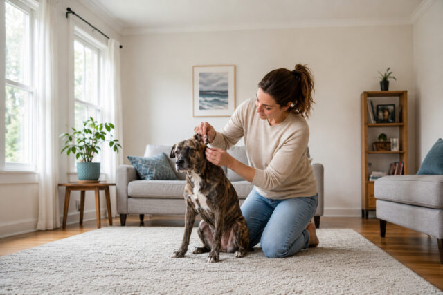 collagen-for-dog-allergies-itchy-dog (1) Owner checking her itchy dog’s skin while researching collagen for dog allergies
