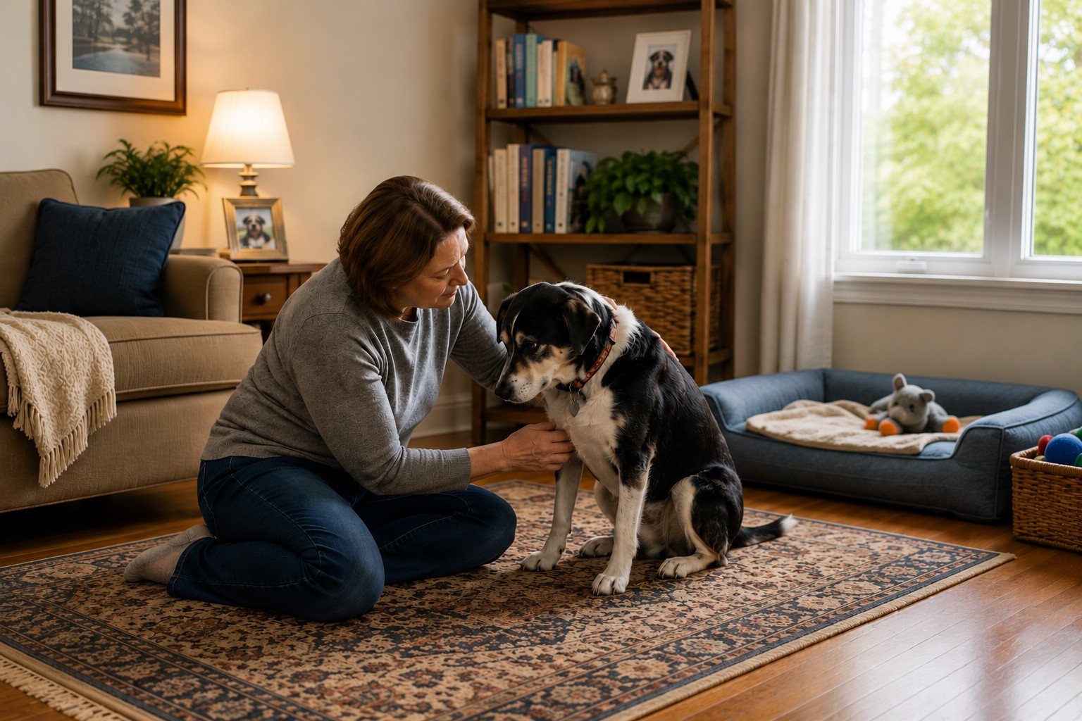 an gently comforting her dog after the loss of ano