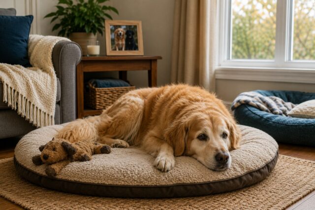 Dog resting quietly on its bed while adjusting to the loss of another dog