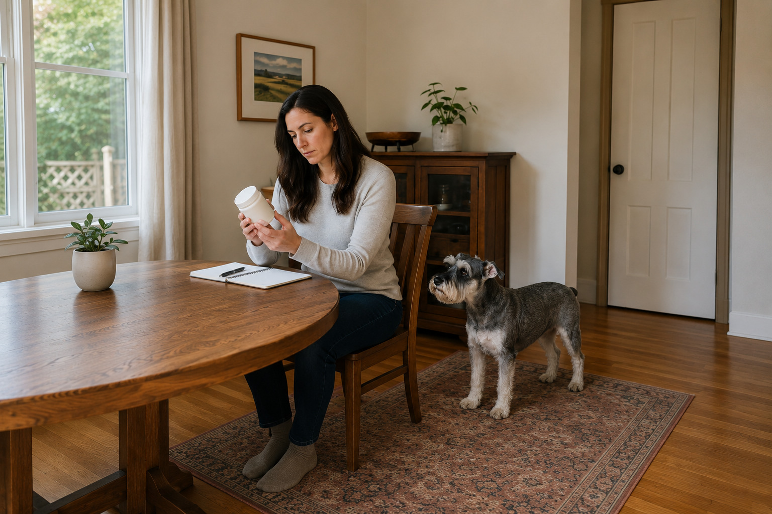 Dog owner reviewing a collagen supplement label before giving it to her Miniature Schnauzer