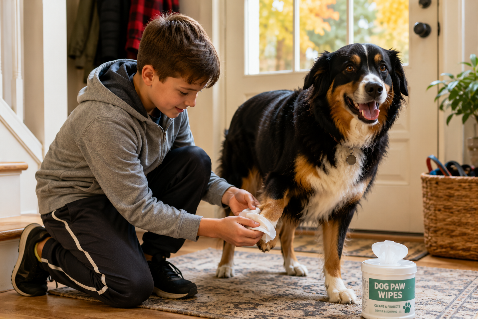 Little boy cleaning her dog's paw with a dog-safe wipe after returning home from a fall walk