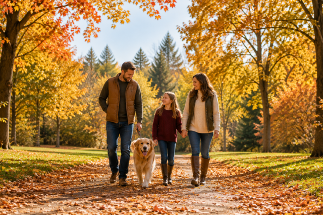 dog-ready-for-fall-feature Man, woman, child, and dog walking together outdoors on a sunny fall day with leaves on the ground