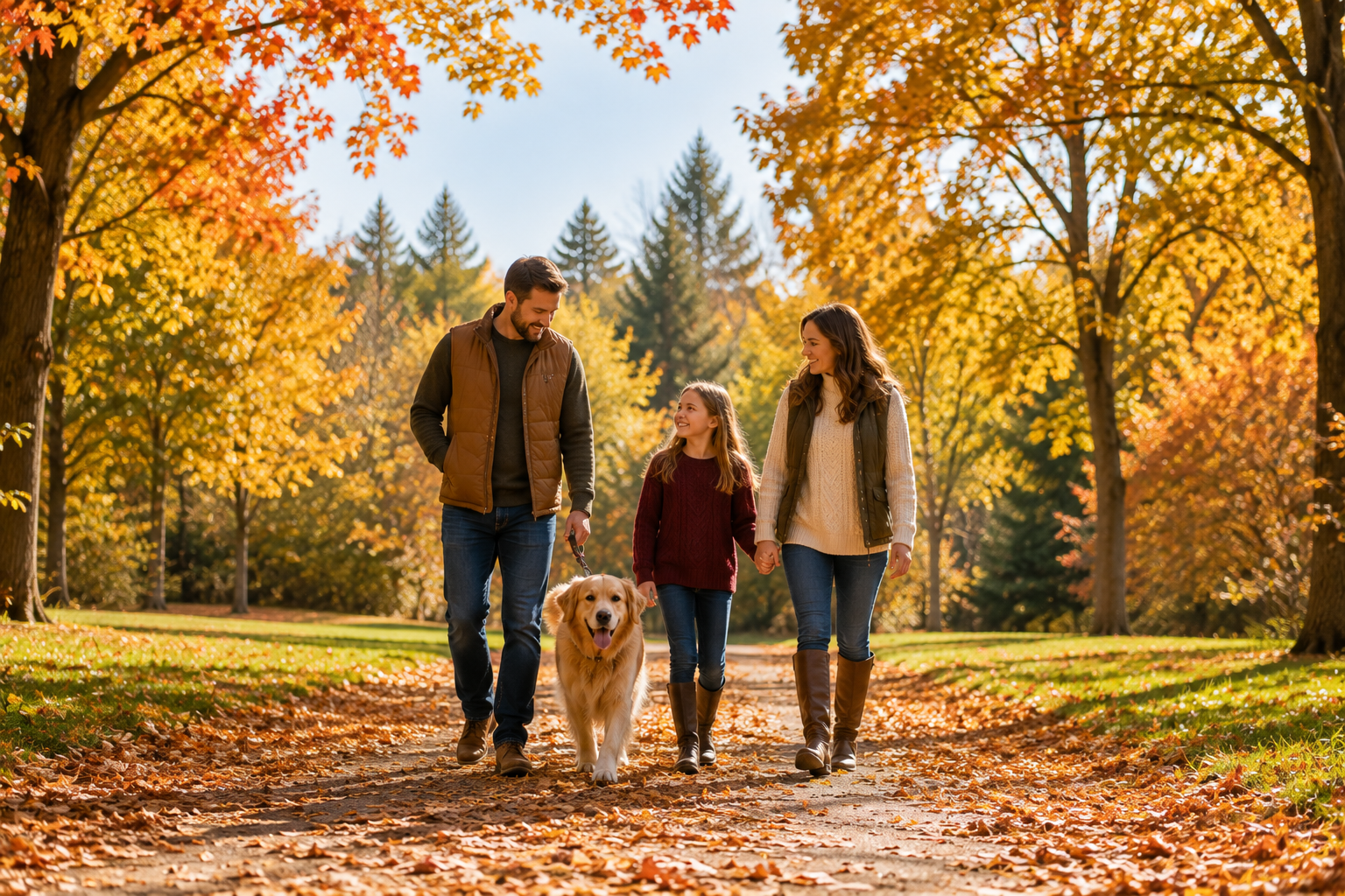Man, woman, child, and dog walking together outdoors on a sunny fall day with leaves on the ground