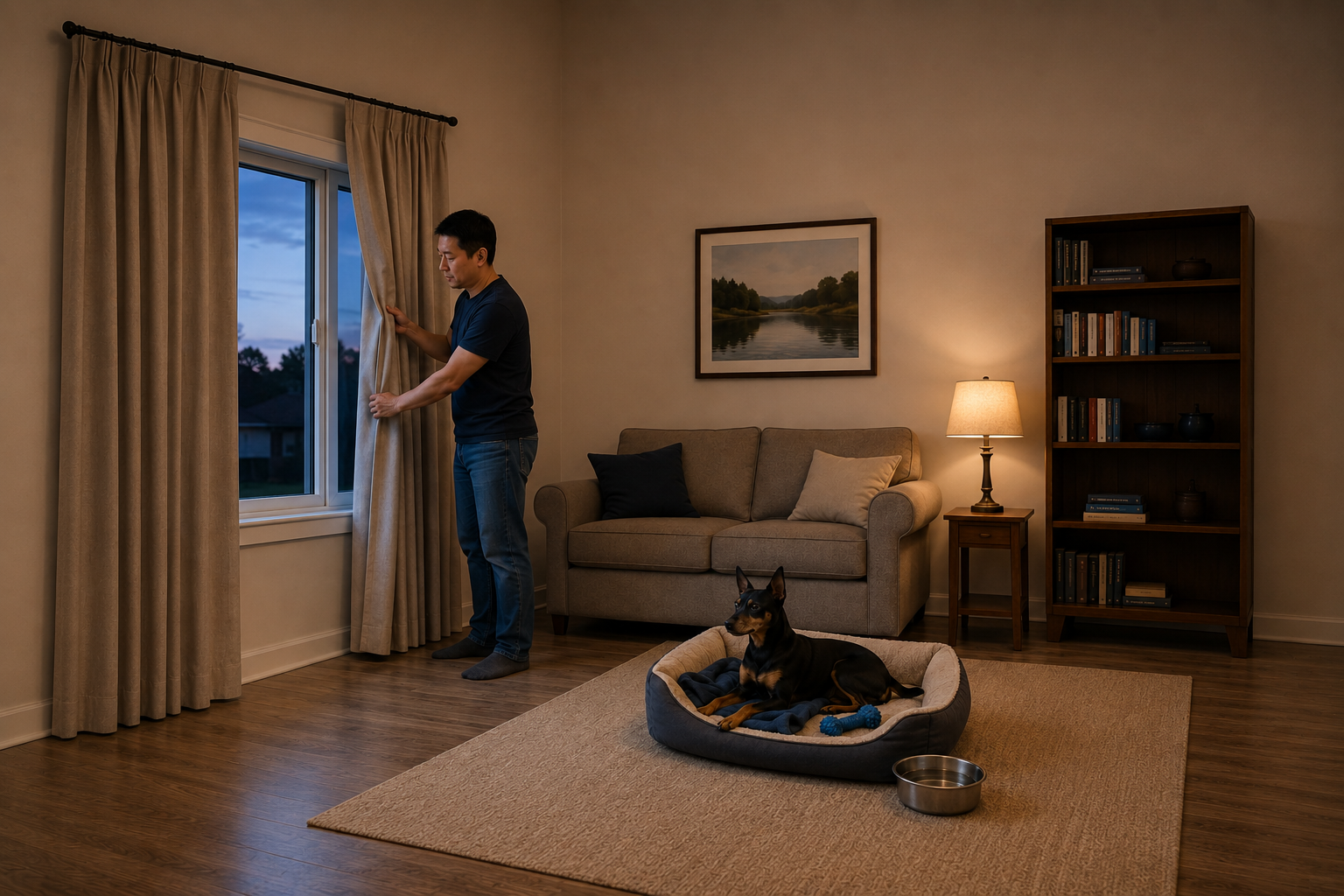 Owner closing the curtains while a Miniature Pinscher rests in a quiet room before fireworks