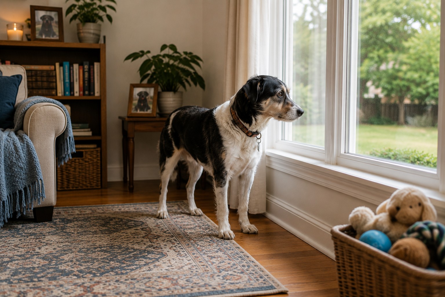 Dog standing by a window after the loss of another dog in the household