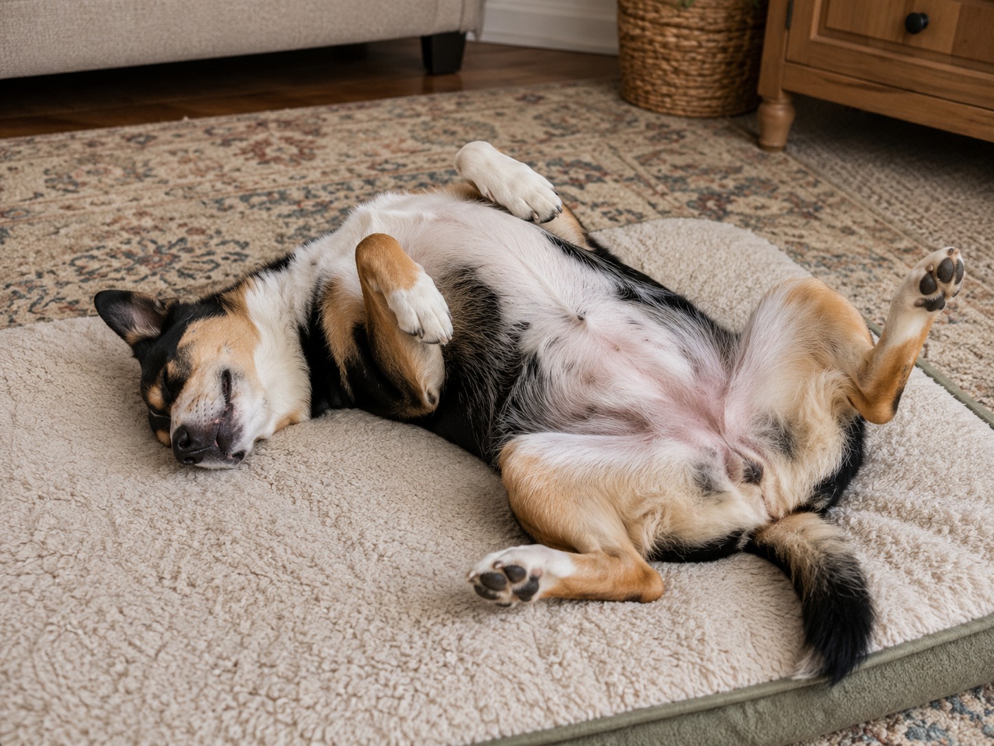 Dog sleeping on its back with all four paws in the air