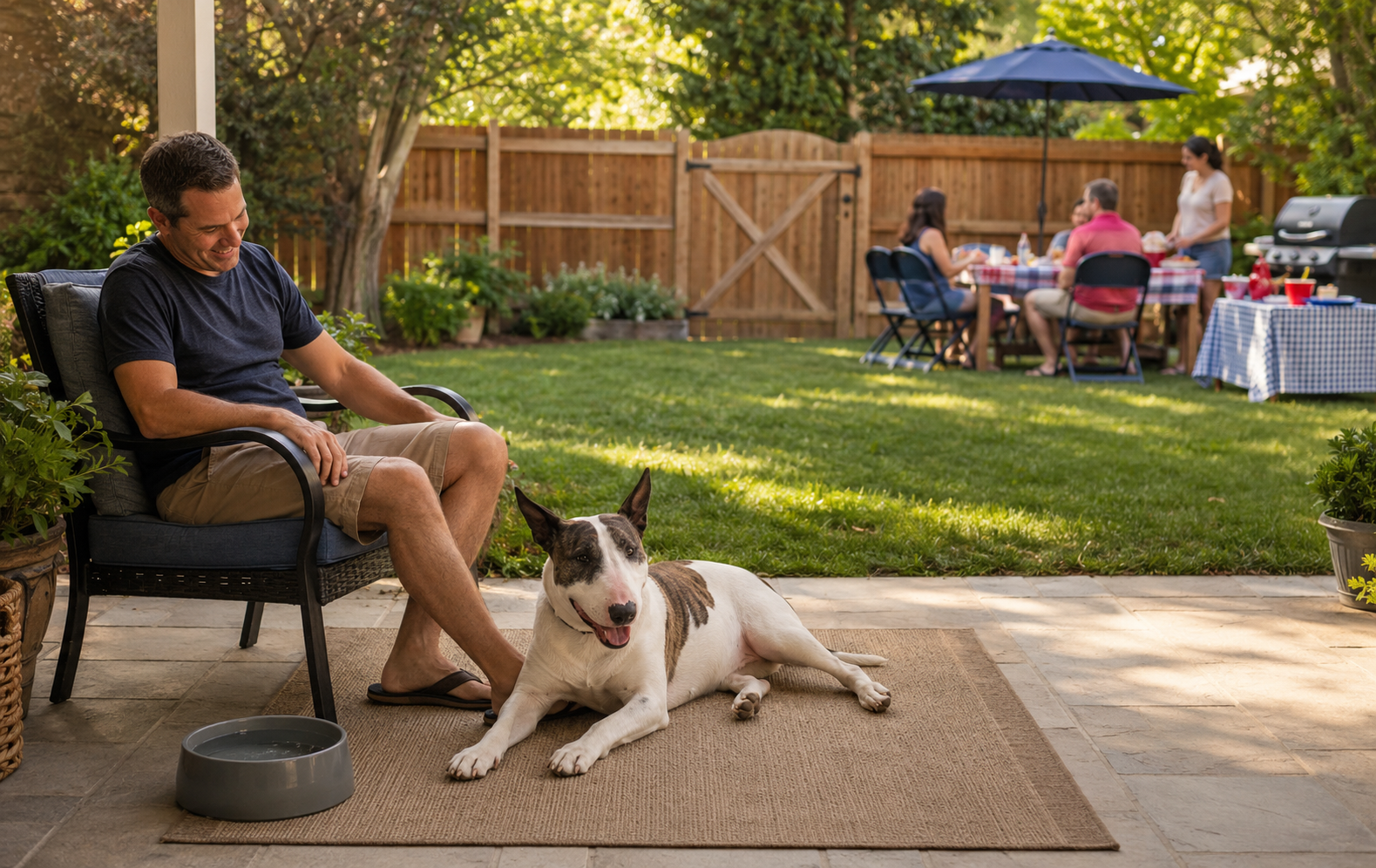 Bull Terrier resting with its owner in the shade during a Labor Day backyard cookout