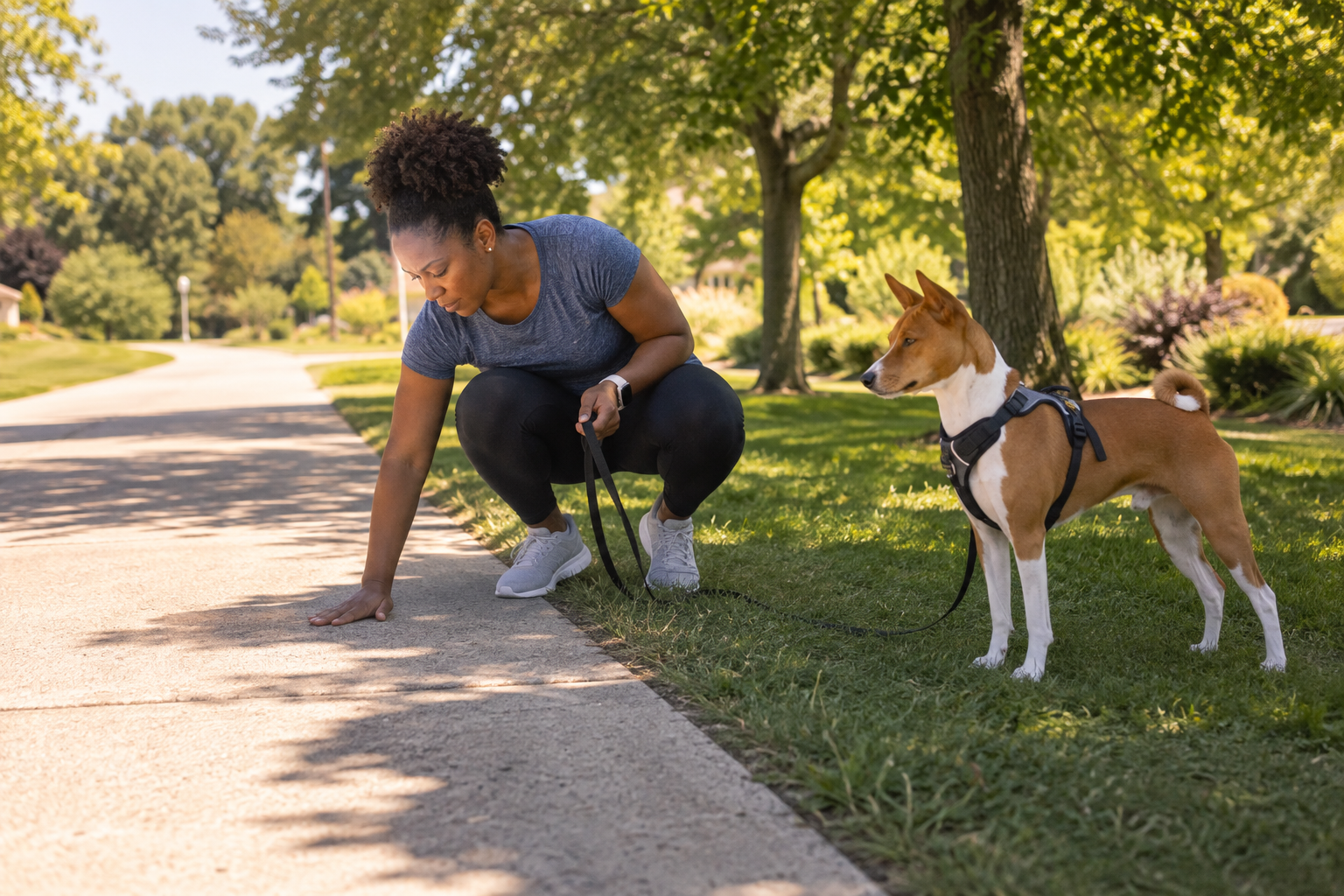 Dog owner checking hot pavement while her Basenji waits safely on shaded grass