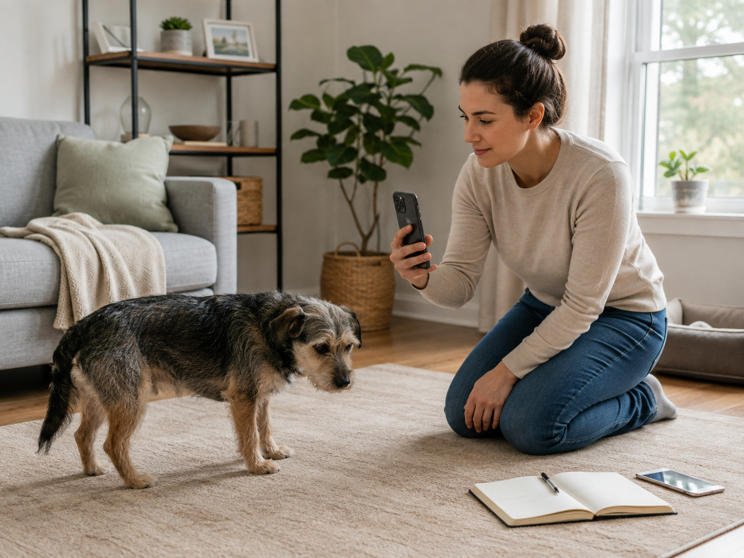 Woman recording her trembling dog with a smartphone to show the veterinarian
