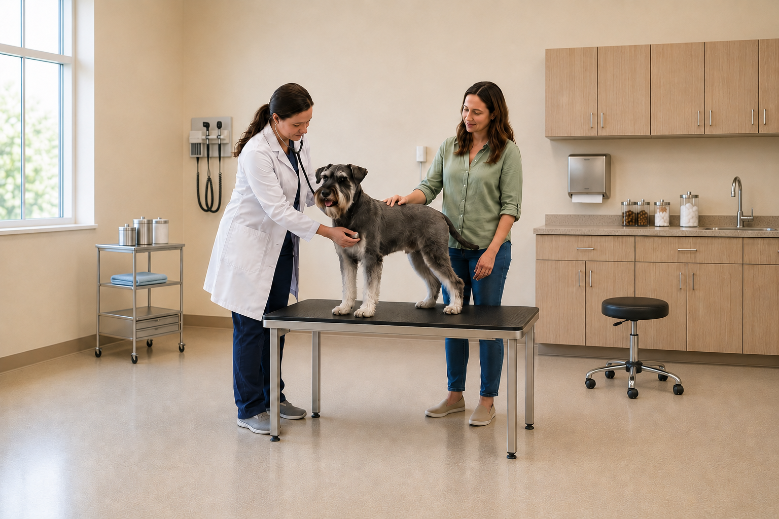 Veterinarian examining a panting Standard Schnauzer while the owner provides reassurance