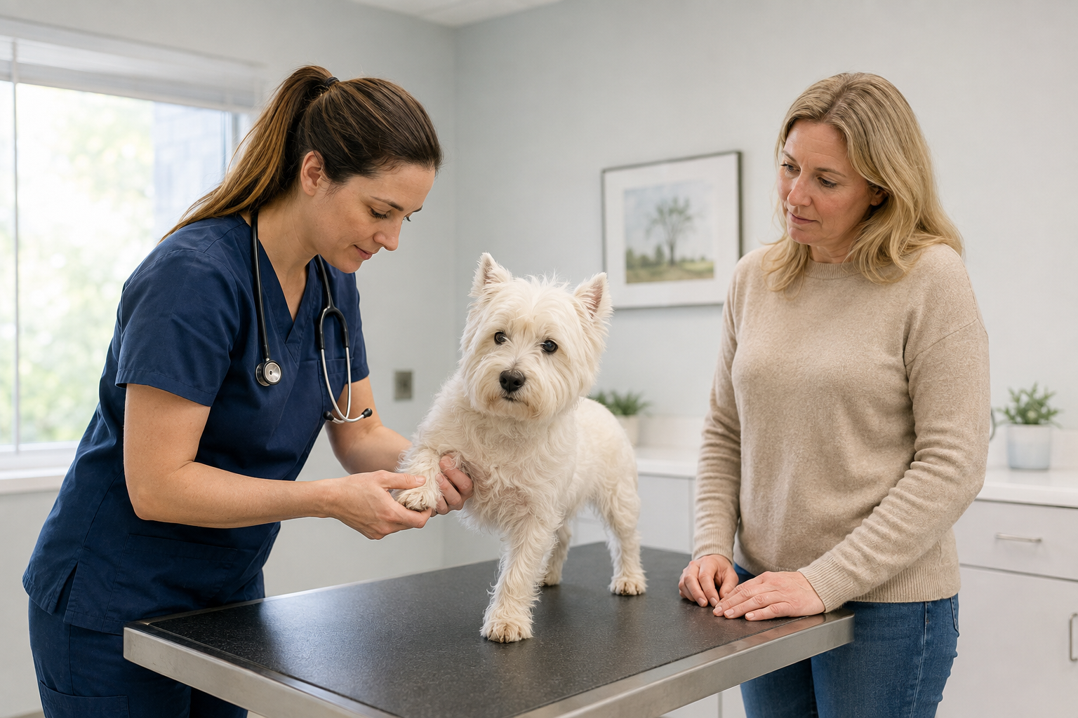 Veterinarian examining an itchy Westie’s paw while the owner watches