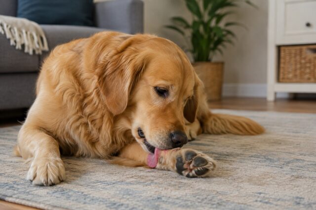 Dog licking one of his front paws while resting on a living room rug