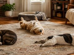 Dog Sleeping Positions: Why Do Dogs Sleep in Such Strange Positions? Three dogs sleeping in different positions on a living room rug